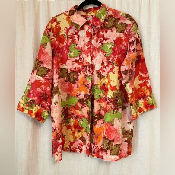 Chico size 3 20/22 floral lightweight linen  jacket pink rose red color - Picture 1 of 6
